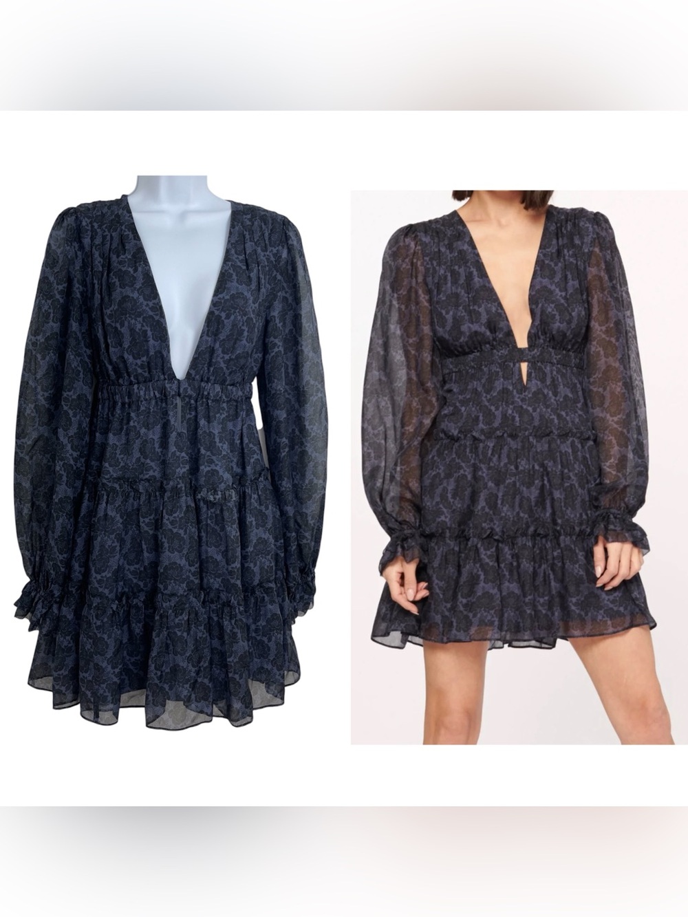 Cami NYC Venezia mini dress blue floral  silk long sleeve tiered v-neck Sz XS
